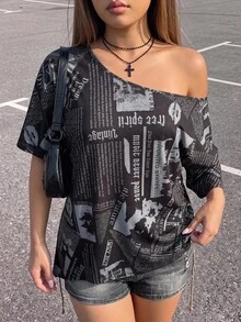 SHEIN ICON 女款大尺碼復古70年代Grunge千禧風Y2K休閒街頭露肩拼接報紙圖案黑白寬鬆T恤夏季 - 彩色 - 查看 10