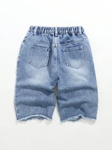 SHEIN Tween Boy Denim Shorts Summer New Casual Vintage Mid-Blue Distressed Ripped Hem Design Stylish Fit Multi-Style Matching, Multi-Scenario Wear Vacation School Casual Party Boys Summer Denim Wide Leg Shorts - Light Wash - View 2