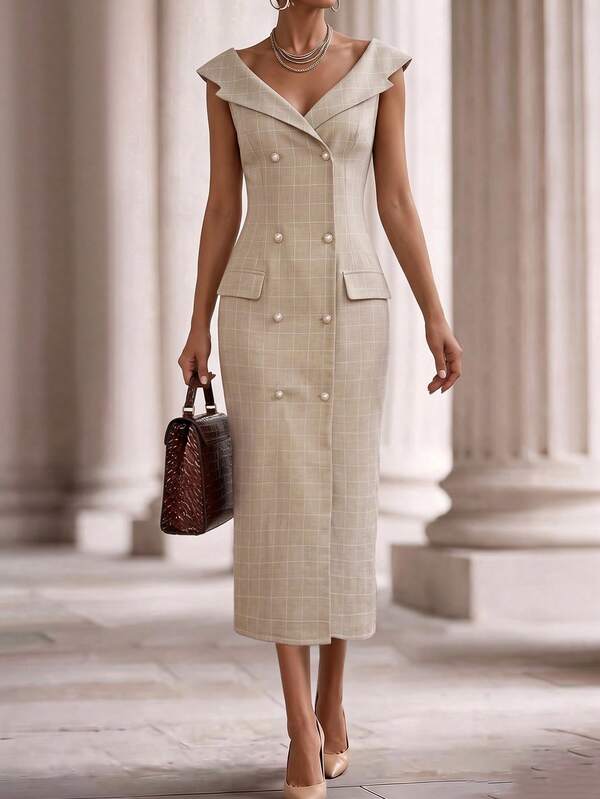 SHEIN Regular Women's Niche Design Sleeveless Midi Dress, Fitted Slim Fit, Slit Design, Square Neckline, Fitted Slim Fit Top, Loose A-Line Dress, Vintage Plaid, Vintage Lady, Fashionable Elegant, Comfortable Casual, Casual Vacation, Suitable For Dating, Friends Gathering, Family Meeting, Fashionable Casual, Timeless