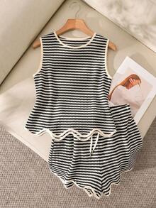 Story & Sage Women's Casual Home & Vacation 2-Piece Set, Spring/Summer, Colorblock Trim, Striped, Apricot & White, Sleeveless Tank Top & Shorts With Pockets - Black and White - View 4