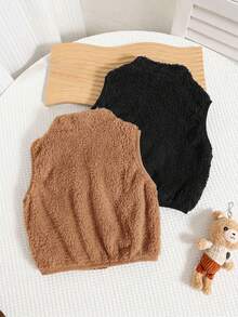 SHEIN Set 2 Potong Baju Bayi Laki-laki dan Perempuan Musim Gugur/Dingin yang Lucu dan Serbaguna, Rompi dan Jaket Warna Polos yang Lembut - MultiWarna - View 3