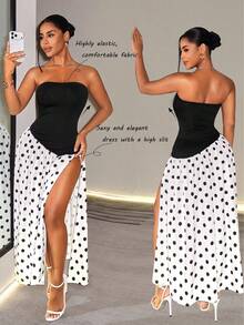 BamGleam Elegant Sexy Bandeau A-Line High Slit Polka Dot Patchwork Women's Dress Day Party Bar Party Black And White Polka Dot Summer - Black and White - View 1