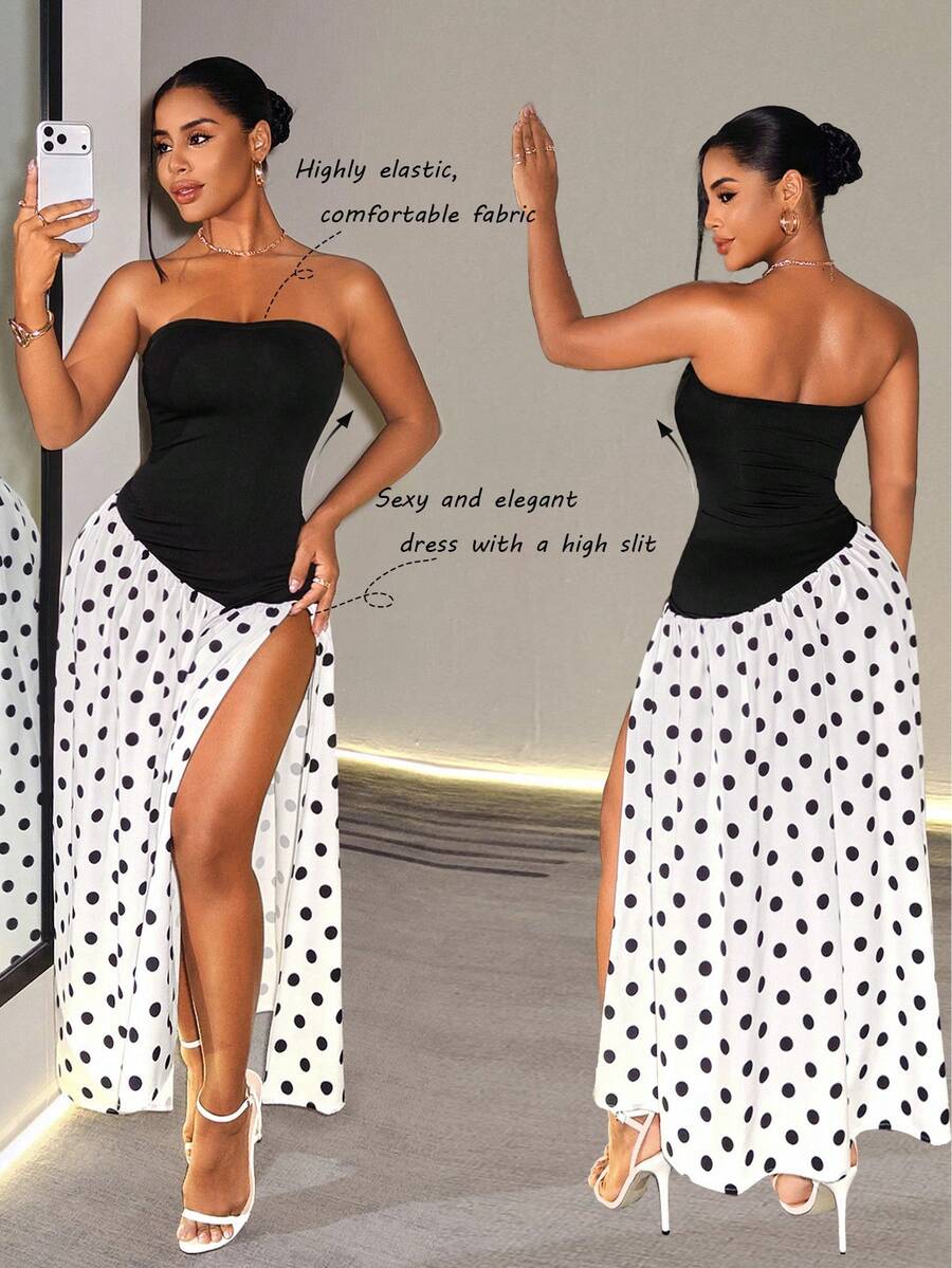 BamGleam Elegant Sexy Bandeau A-Line High Slit Polka Dot Patchwork Women's Dress Day Party Bar Party Black And White Polka Dot Summer - Black and White - View 1