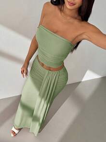 SHEIN PETITE Set Atasan Jala Model Bandeau & Rok Pinggang Rendah - Mint Green - View 10