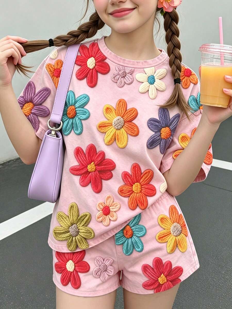 女童休閒簡約可愛趣味紋理花卉印花短袖長褲兩件套,適合夏季,圖案設計,舒適,女孩套裝,Y2K,復古,度假 - 彩色 - 查看 1