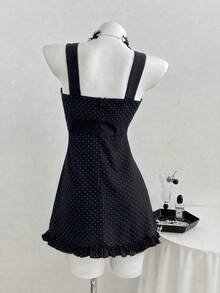 Elamini Women's Polka Dot Patchwork Tie Bow Dress, Sweet Y2K Style - Black - View 2