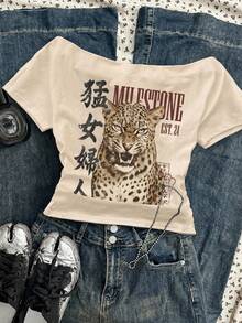 Attitoon 休閒極簡日常百搭派對聚會機場 Y2K 上衣，中文字豹紋英文圖案，夏季外出，女款腰部抓皺方領修身短袖杏色 T-shirt - 杏色 - 查看 3