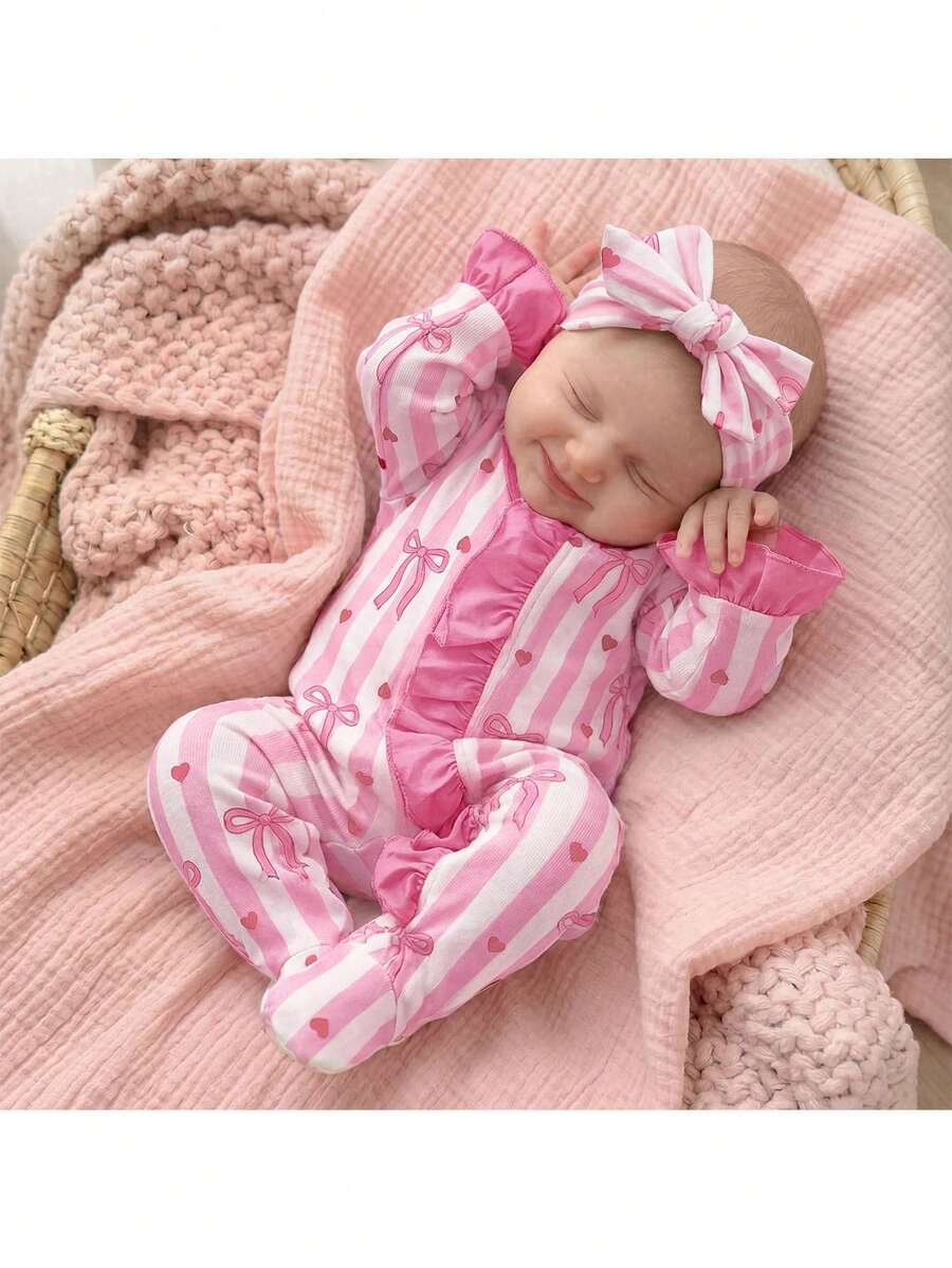 Newborn Baby Girl Cute Pink Bow Striped Ruffle Romper Loungewear With Headband - Pink - View 1