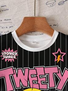 LOONEY TUNES X SHEIN Young Girls Round Neck Short Sleeve Ombre Cute Allover Print T-Shirt, Full Print - White - View 3