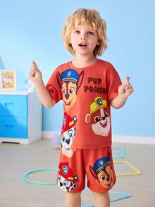SHEIN | PAW Patrol Young Boy Casual Cartoon Print Short Sleeve T-Shirt And Shorts Set, Summer - Orange - View 3
