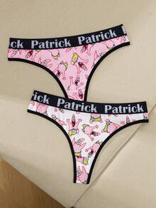 SpongeBob SquarePants | SHEIN 2pcs Women's Letter Waistband Thong Panty Set - Pink - View 1