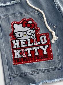 ROMWE MEN HELLO KITTY AND FRIENDS | ROMWE 丹寧聯名款雙腰頭刺繡圖案寬鬆牛仔短褲 - 淺色水洗藍 - 查看 4