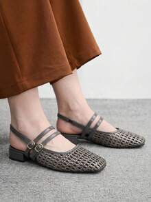 CUCCOO BIZCHIC 女款仿草編方頭粗跟低跟鞋 - 灰色 - 查看 1
