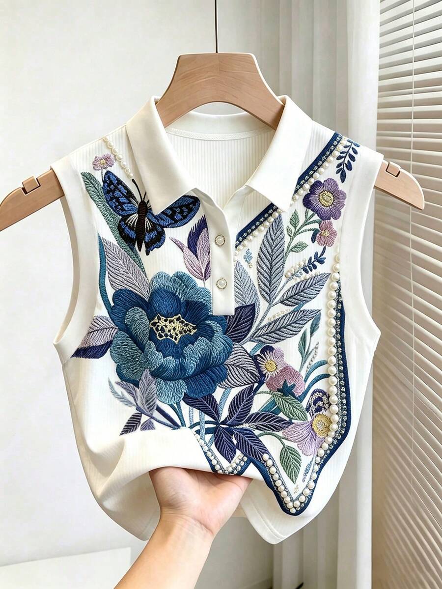 Franclia 女款花卉刺繡圖案仿珍珠裝飾休閒百搭日常外出上衣 - 彩色 - 查看 1