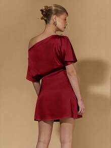COSMINA Women's New Elegant Satin Mini Dress/Party Dress/Formal Occasion Cocktail Dress - Burgundy - View 2