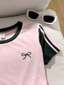 SHEIN 青少年女孩休閒日常百搭舒適圓領短袖T恤與長褲套裝 - 彩色 - 查看 6