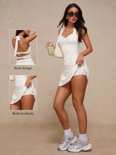 Glamine White Halter Backless Dress,Ruched Waist Cutout Hot Girl Style A-Line Mini Skirt,Light Sporty Outfit For Summer Home Pilates,Tennis,Badminton,Golf,Island Vacation,Beach Party,Nightclub Dancing,Mature-Chic Social Gatherings,Summer Music Festivals,EDM Festivals,Women's Birthdays,Best Friend Afternoon Tea