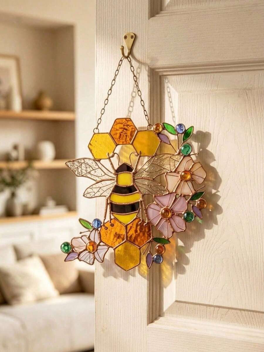 Cirelle 1 pieza Atrapasol de vidrio teñido con diseño de panal de abeja y abeja, panel colgante para ventana, decoración de pared, adorno de acrílico amarillo con cadena para cocina, esquina de ventana, jardín y decoración del hogar - Multicolor - Ver 1