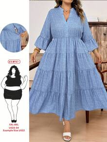 SHEIN CURVE+ 休閒優雅波希米亞風簡約藍白大尺碼洋裝 22W 度假商務款 2026 夏季秋冬 早午餐早晨穿搭 - 藍色 - 查看 11