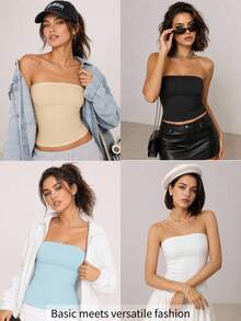 SHEIN BASICS 女款休閒百搭純色抹胸上衣 - 卡其色 - 查看 9