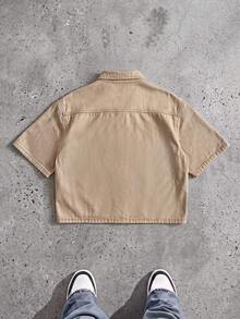 SWAVVY Men's Fashion Star Pattern Short Sleeve Single-Breasted Khaki Denim Shirt,Casual Cargo Shirt,Going Out,Daily Wear,Summer,Vacation,Workout,Streetwear - Khaki - View 5