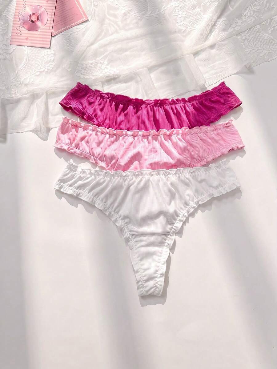 PetitDoll 3件套加大码女式纯色荷叶边透气比基尼内裤 - 彩色 - 查看 1