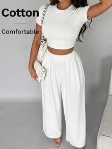 SHEIN SXY Women's Solid Color Versatile Round Neck Cropped T-Shirt And Pleated Loose Long Pants 2-Piece Set - White - View 6