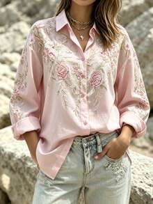 EMERY ROSE Plus Size Floral Print Vacation Casual Shirt Fall - Pink - View 7