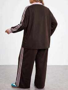 SHEIN CURVE+ Sporty Chocolate Brown Webbing Zipper Placket Sweatshirt Autumn 2026 Plus Size 22W Back To School Vacation Active Fall - Brown - View 2