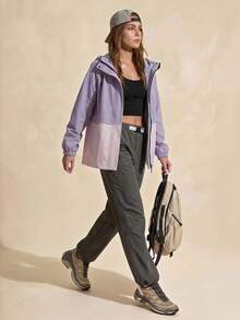 Exploreva Women's Hooded Colorblock Zip-Up Casual Versatile Daily Outdoor Softshell Jacket - Purple - View 4