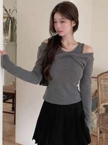DAZY Women's Round Neck Off-Shoulder Korean Style Long Sleeve T-Shirt - Grey - View 6