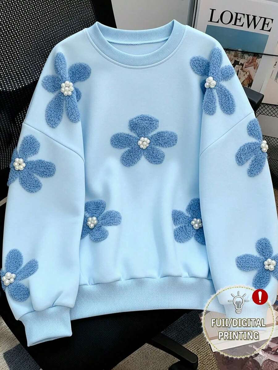 SHEIN 青少年女孩夏季休閒可愛簡約寬鬆舒適秋季長袖套頭衫,學院風美式校園風印花返校穿搭 - 藍色 - 查看 1
