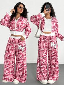 SHEIN 2件組女童粉色與白色迷彩收腰刷毛抓絨運動衫與寬鬆長褲休閒運動套裝，秋冬開學季街頭運動風 - 粉色 - 查看 4