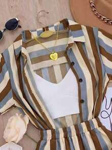 SHEIN Franclia 女款藍白條紋單排扣短袖上衣與短褲休閒熱帶日常2件套，海灘度假夏季 - 彩色 - 查看 5
