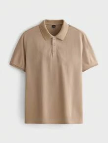 Merionis Camisa Polo Masculina Cáqui com Botões e Meia-Abertura de Manga Curta - Caqui - Visão 3