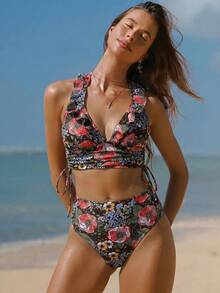 Swim Vcay 女款浪漫度假風清新碎花細肩帶比基尼套裝 - 巧克力棕 - 查看 3