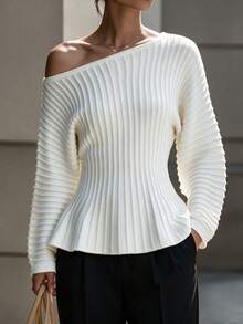 SHEIN Women's Elegant Asymmetrical Shoulder Waist-Cinching A-Line Pullover Sweater - Beige - View 1