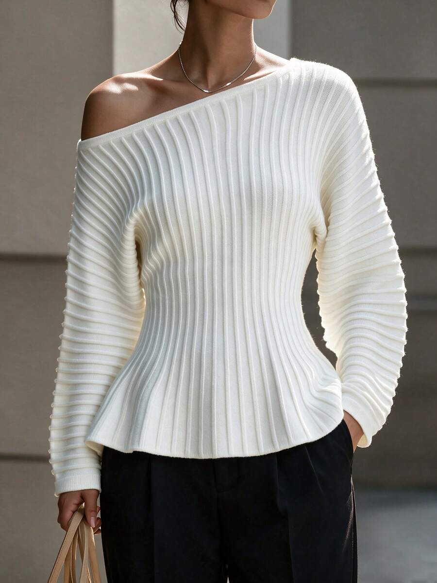 SHEIN Women's Elegant Asymmetrical Shoulder Waist-Cinching A-Line Pullover Sweater - Beige - View 1