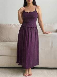 Dazy Plus 2pcs Set Charming Lace Patchwork Sleeveless Camisole Long Skirt Pajama Set - Violet Purple - View 2