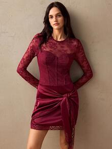 Willow Rêve Vestido de mujer con patchwork de encaje, plisado de espina de pescado y lazo, Vestidos Dor Holiday, Vestido elegante, Vestidos de club, Vestidos de graduación, Vestido de invitada de boda - Burdeos - Ver 8