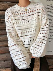 Dazy Plus Solid Color Loose Hollow Out Long Sleeve Casual Vacation Streetwear Autumn/Winter Pullover Knit Sweater - White - View 1
