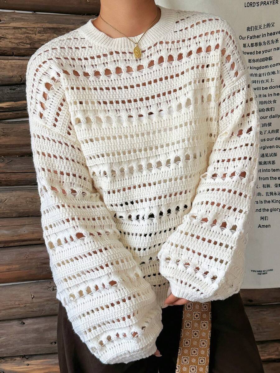 Dazy Plus Solid Color Loose Hollow Out Long Sleeve Casual Vacation Streetwear Autumn/Winter Pullover Knit Sweater - White - View 1