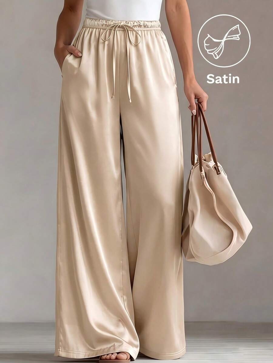 SHEIN Franclia 黑白人字紋彈性收腰女款休閒寬腿長褲 - 卡其色 - 查看 1