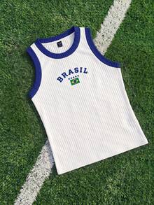 ROMWE MEN Brazilian Print Colorblock Casual Camisole, Slim Fit Athletic Casual Cropped Top, Suitable For Summer Wear - White - View 6