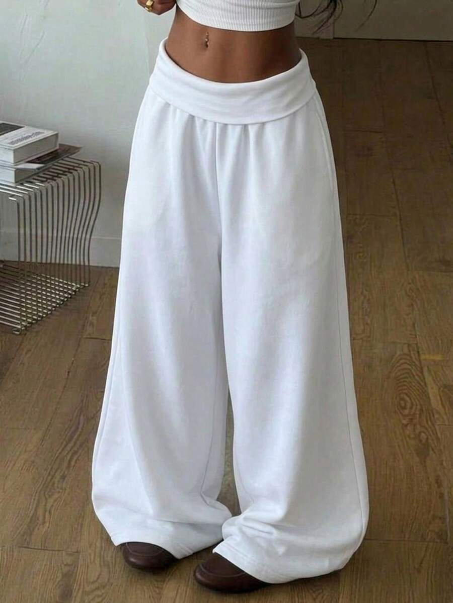 SHEIN 青少年女孩純色休閒百搭日常穿著寬腿運動長褲 - 白色 - 查看 1