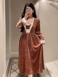 DAZY Conjunto de Camisola e Vestido Camisete de Veludo Doce com Renda e Patchwork para Outono/Inverno, Roupa de Dormir Feminina - Rosa chiclete - Visão 10