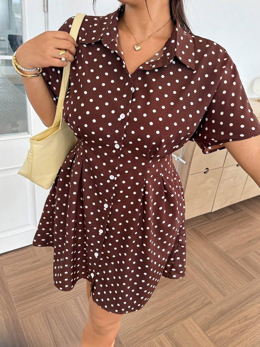 GalTyme Plus Size Shirred Single-Breasted Polka Dot Print Short Sleeve Vacation Dress - Multicolor - View 1