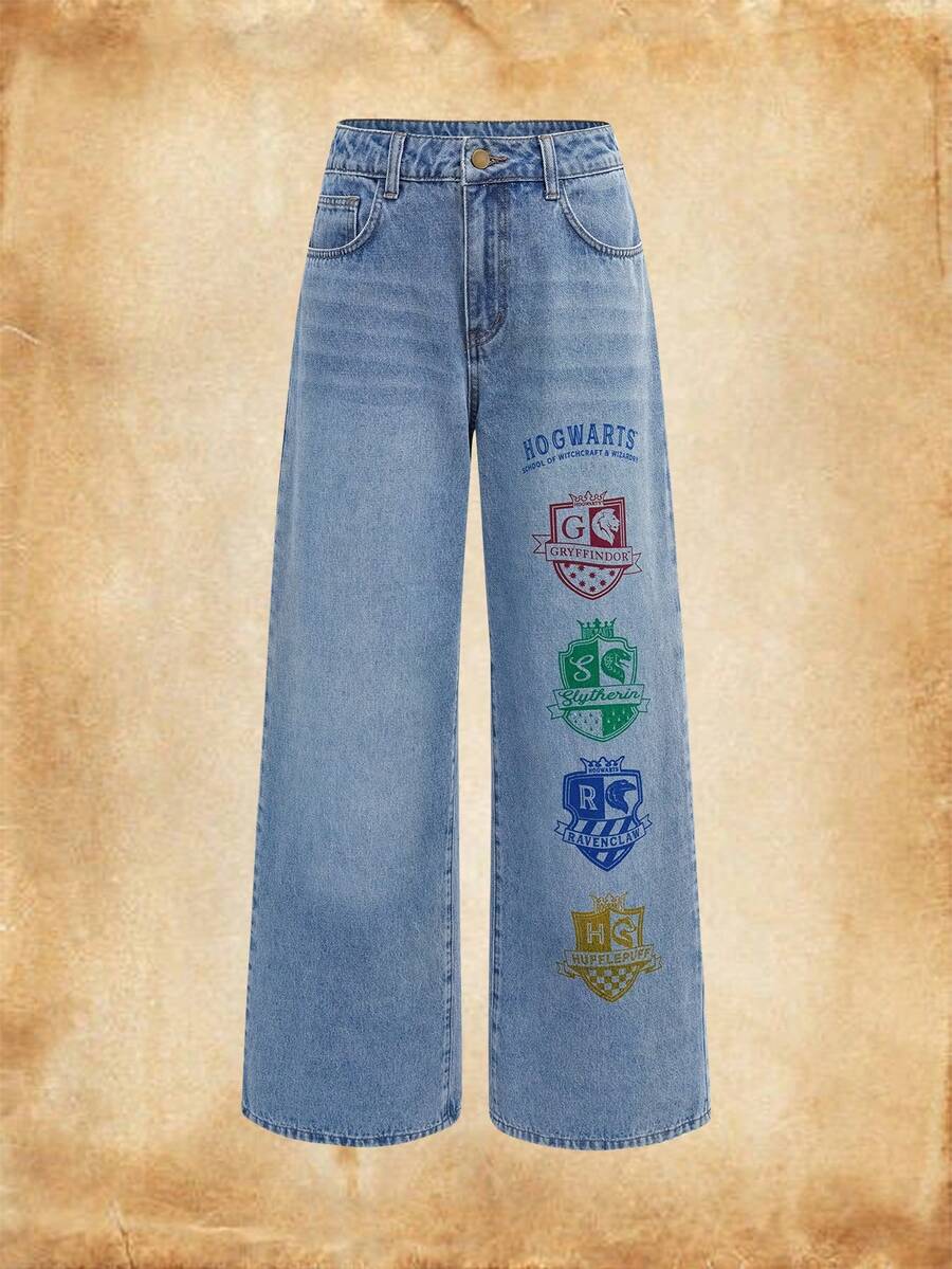 HARRY POTTER X SHEIN 女款休閒日常牛仔褲，附口袋與鈕扣 - 藍色 - 查看 1
