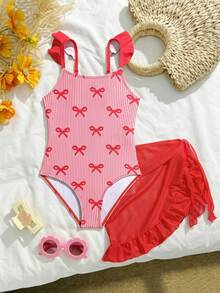 SHEIN 女童條紋蝴蝶結印花連身泳衣罩裙 - 紅色 - 查看 2