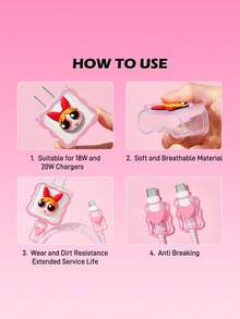 THE POWERPUFF GIRLS X SHEIN Data Cable Protector, Suitable For IPhone Charger, 4-Piece Set Of Mobile Phone Cable Protectors, Charger Protector (Excluding Data Cable) - Blossom-Pink - View 3